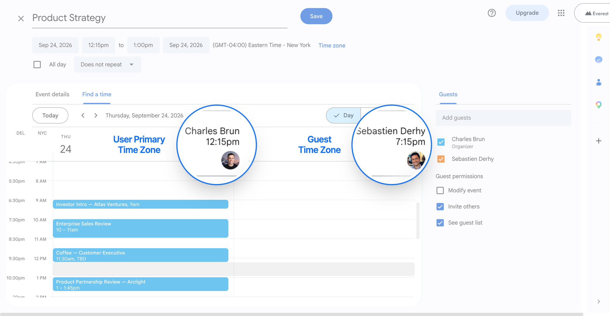 The Find a time tab in Google Calendar comparing two attendees for a Product Strategy meeting: the same slot reads 12:15 pm for the organiser in New York and 7:15 pm for the guest, with DEL and NYC rulers on the left of the grid.