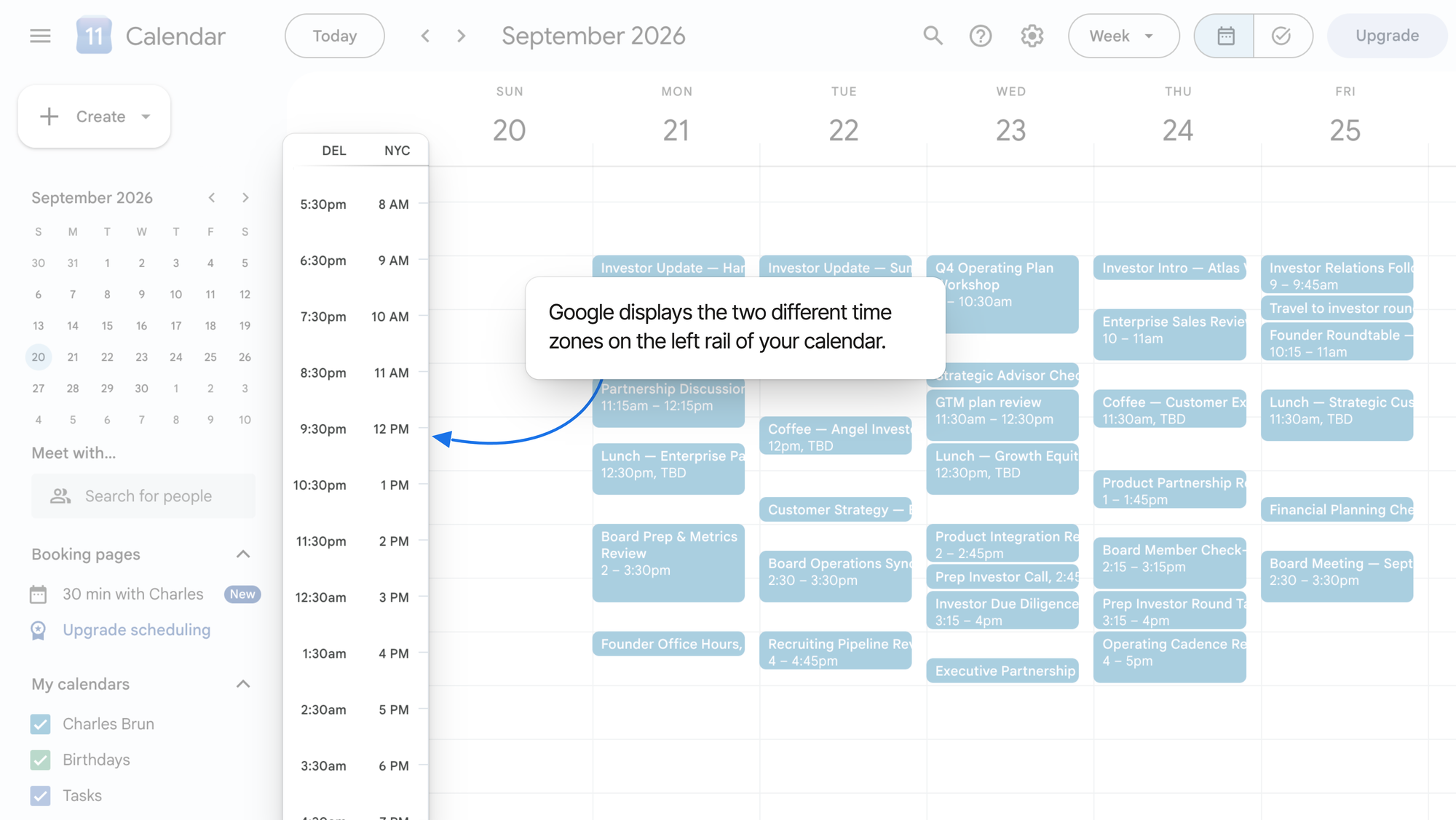 Google Calendar week view for September 20–25 with two hour rulers on the left rail of the grid, labelled DEL and NYC, so 12 PM in New York reads as 9:30 pm in Delhi on the same row.