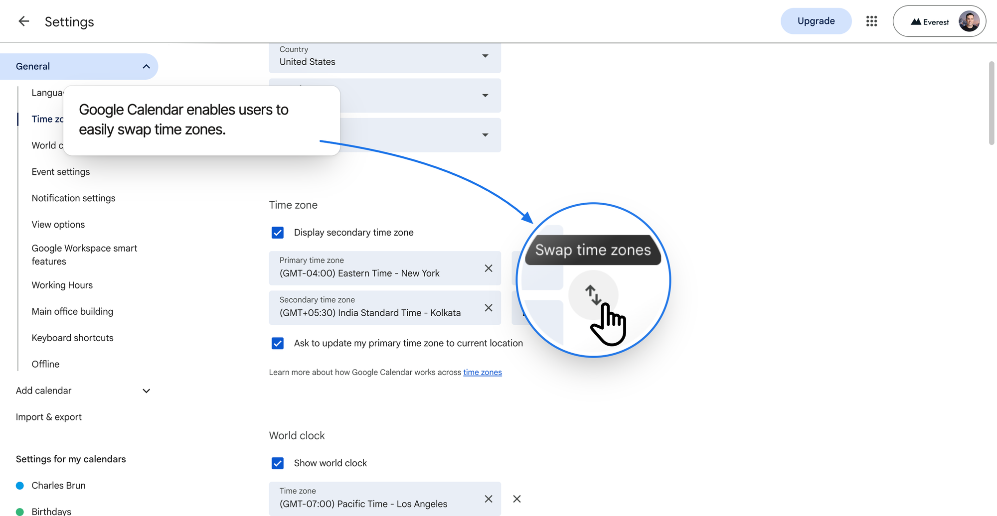 Google Calendar time zone settings with the swap control magnified, showing its 'Swap time zones' tooltip and the cursor over it, between the primary New York zone and the secondary Kolkata zone.