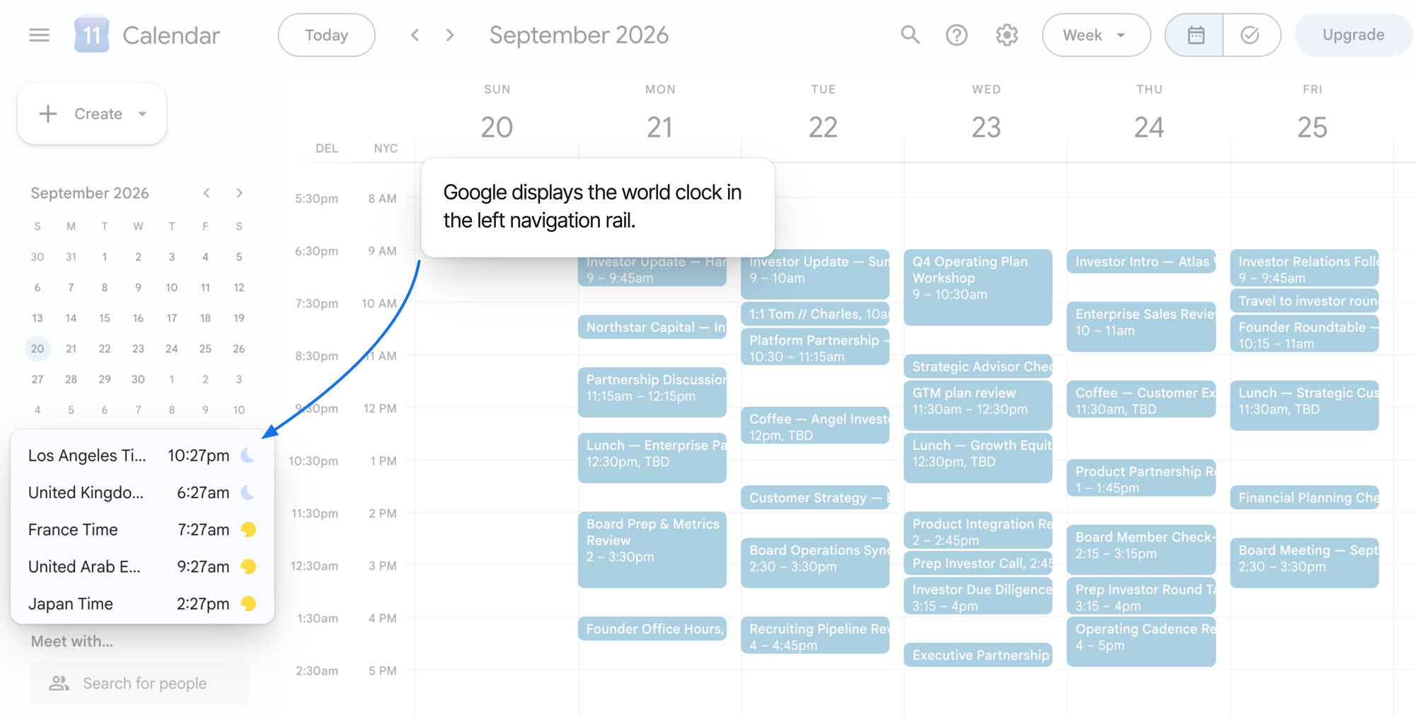 Google Calendar world clock in the left navigation rail listing five zones — Los Angeles 10:27 pm, United Kingdom 6:27 am, France 7:27 am, United Arab Emirates 9:27 am and Japan 2:27 pm — each with a sun or moon icon showing whether it is day or night there.
