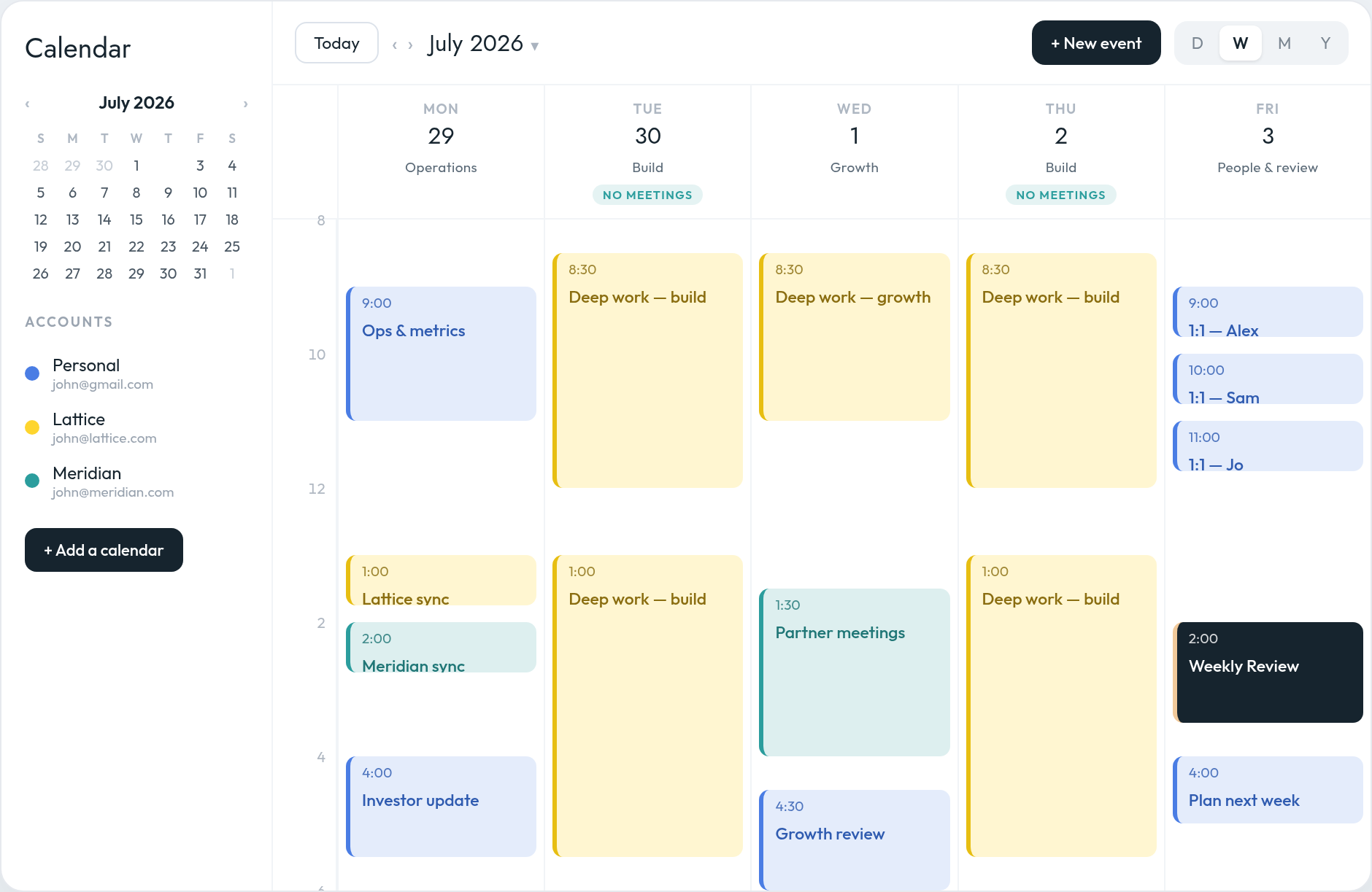 A week-view calendar across three connected accounts (Personal, Lattice, Meridian): Monday themed to operations with afternoon team syncs, Tuesday and Thursday as no-meeting deep-work days, Wednesday for growth with batched partner meetings, Friday for 1:1s and the Weekly Review.