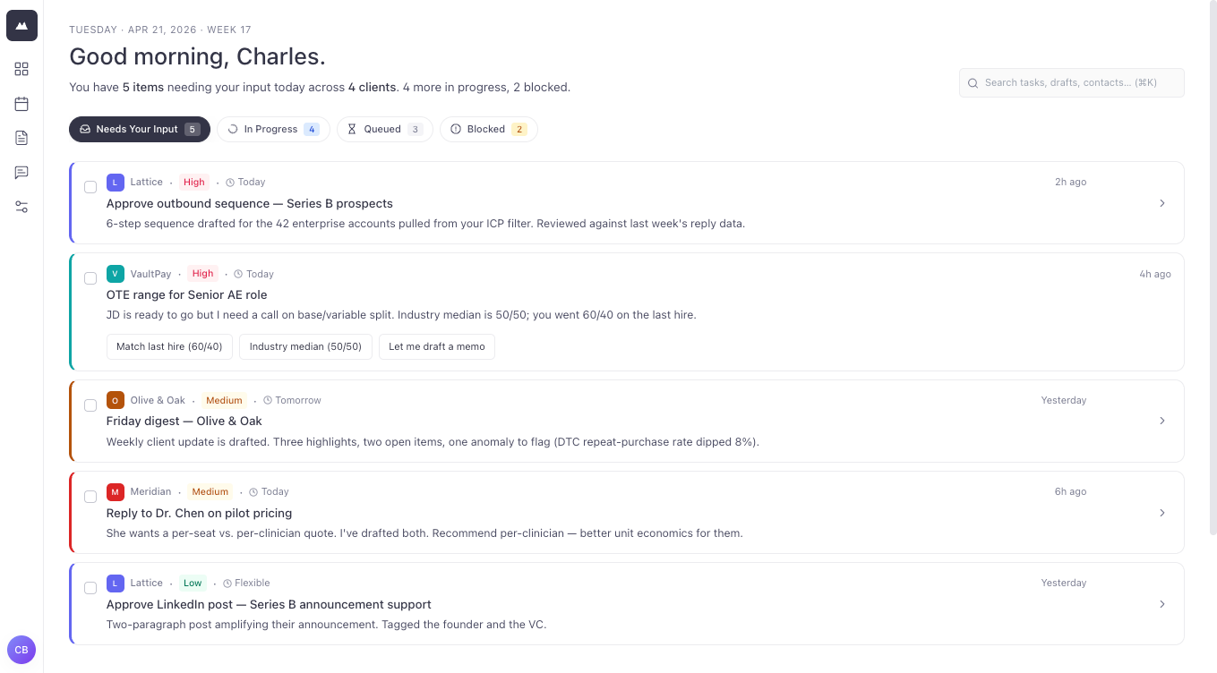 Everest home screen — daily brief and chief of staff chat