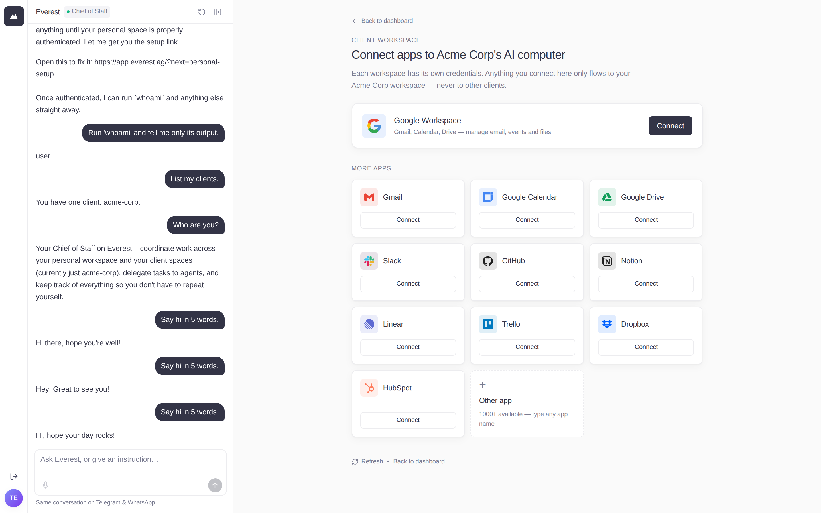 Per-client workspace onboarding — connect Gmail, Slack, Notion, and 1000+ other apps to a single client